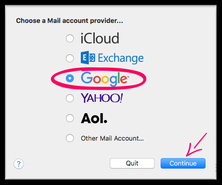 service selection screen in Apple Mail