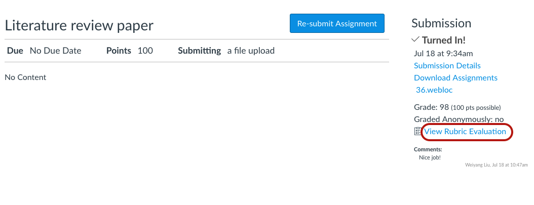 A screenshot of an alternate way to find the rubric for a graded assignment by clicking on that assignment then clicking 'View Rubric Evaluation' on the righthand side.