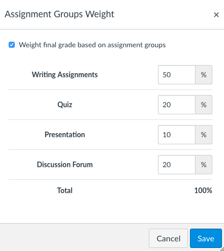 Screenshot of weighted assignment groups