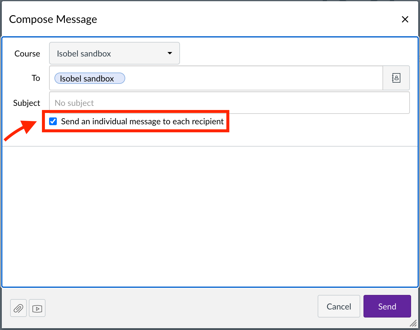 Screenshot of Canvas Inbox message composition with box checked as mentioned on the page