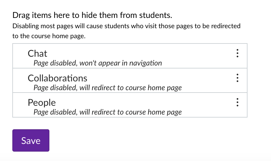Screenshot of course settings showing hidden areas of course navigation