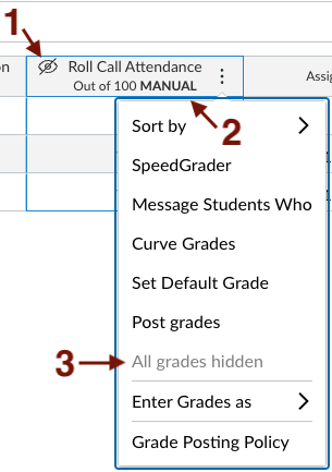Gradebook column for Roll Call Attendance assignment with a Visibility (crossed-out eye) icon and label MANUAL in the column header. In the 3 dot more options menu the text All grades hidden is not clickable.