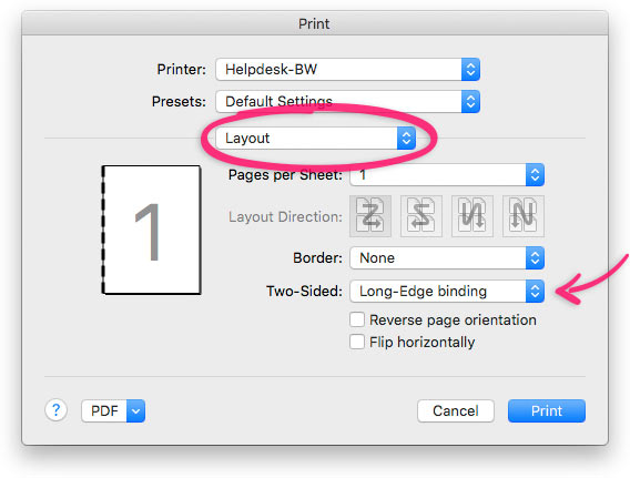 Long-edge binding duplex turned on in a typical Mac OS X print dialog.