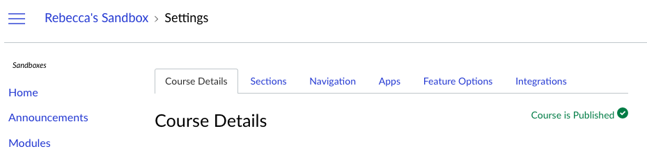 Screenshot showing the Course is Published status on a course's Settings page