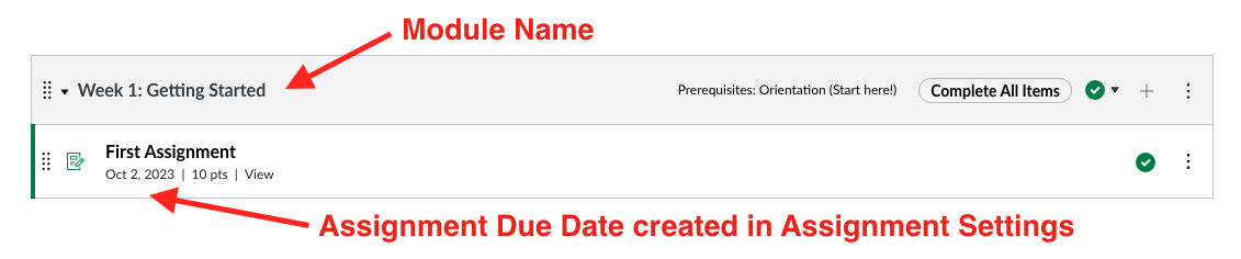 Screenshot of a module containing an assignment that shows the module name versus a due date for an assignment created in assignment settings