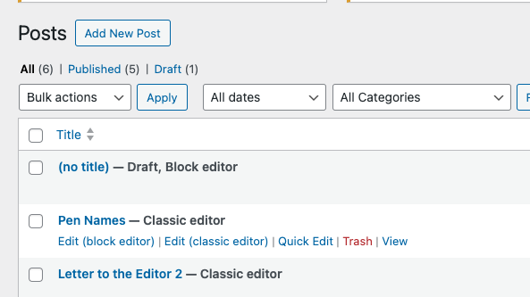 Screenshot of the Posts page showing post names and options to choose the block editor or classic editor