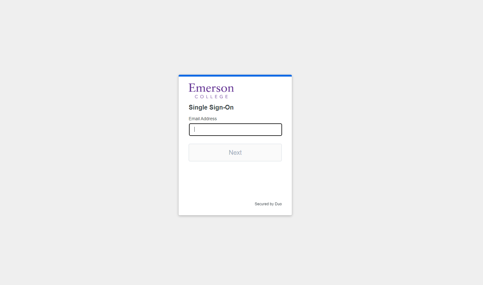 Screenshot of DUO login screen, prompting email and password