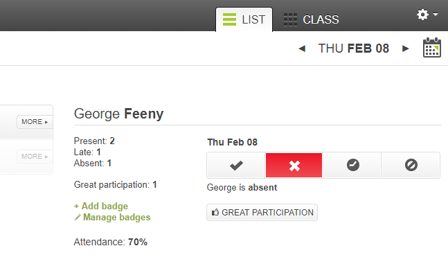 Clicking 'More' will open a new section with the student's name and two columns underneath: one containing information about their attendance to date and the other re-confirming the selected date and providing a horizontal row of buttons to mark their attendance