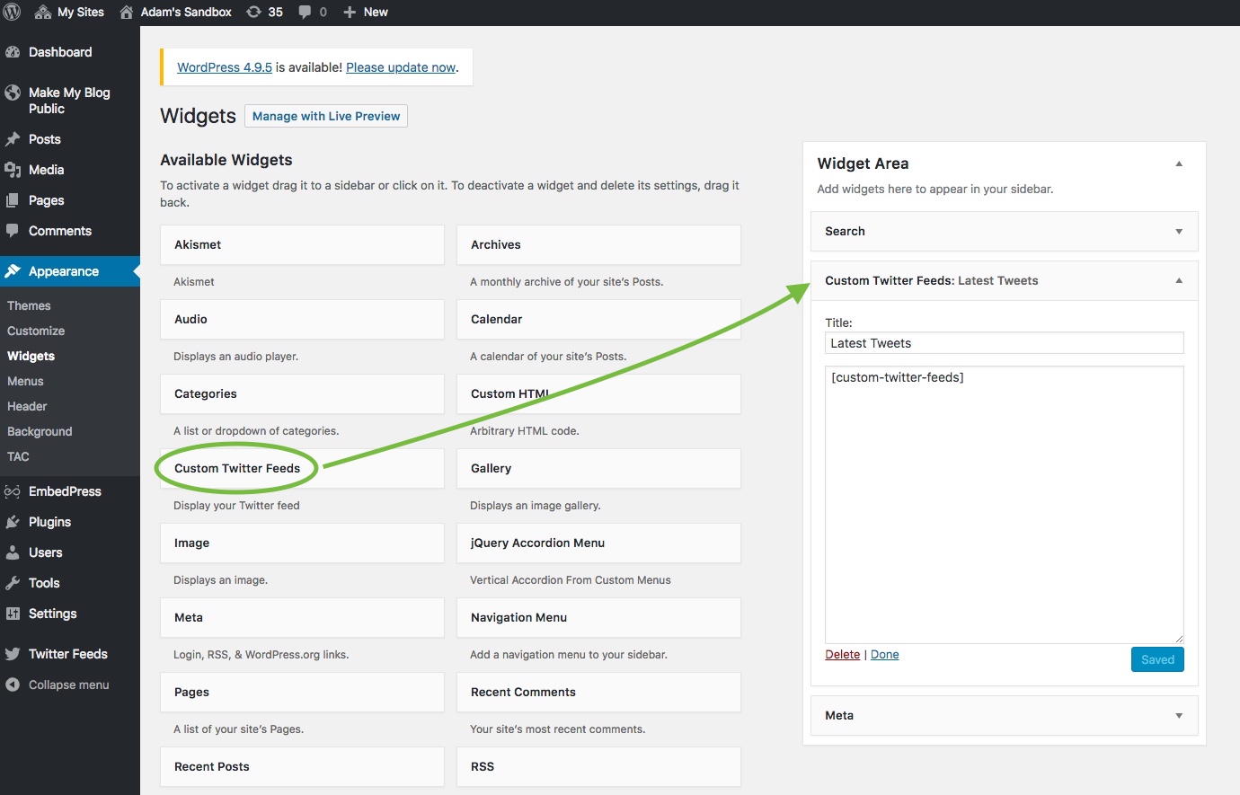 The WordPress Widgets page. An arrow connects a widget on the left with a widget area on the right.