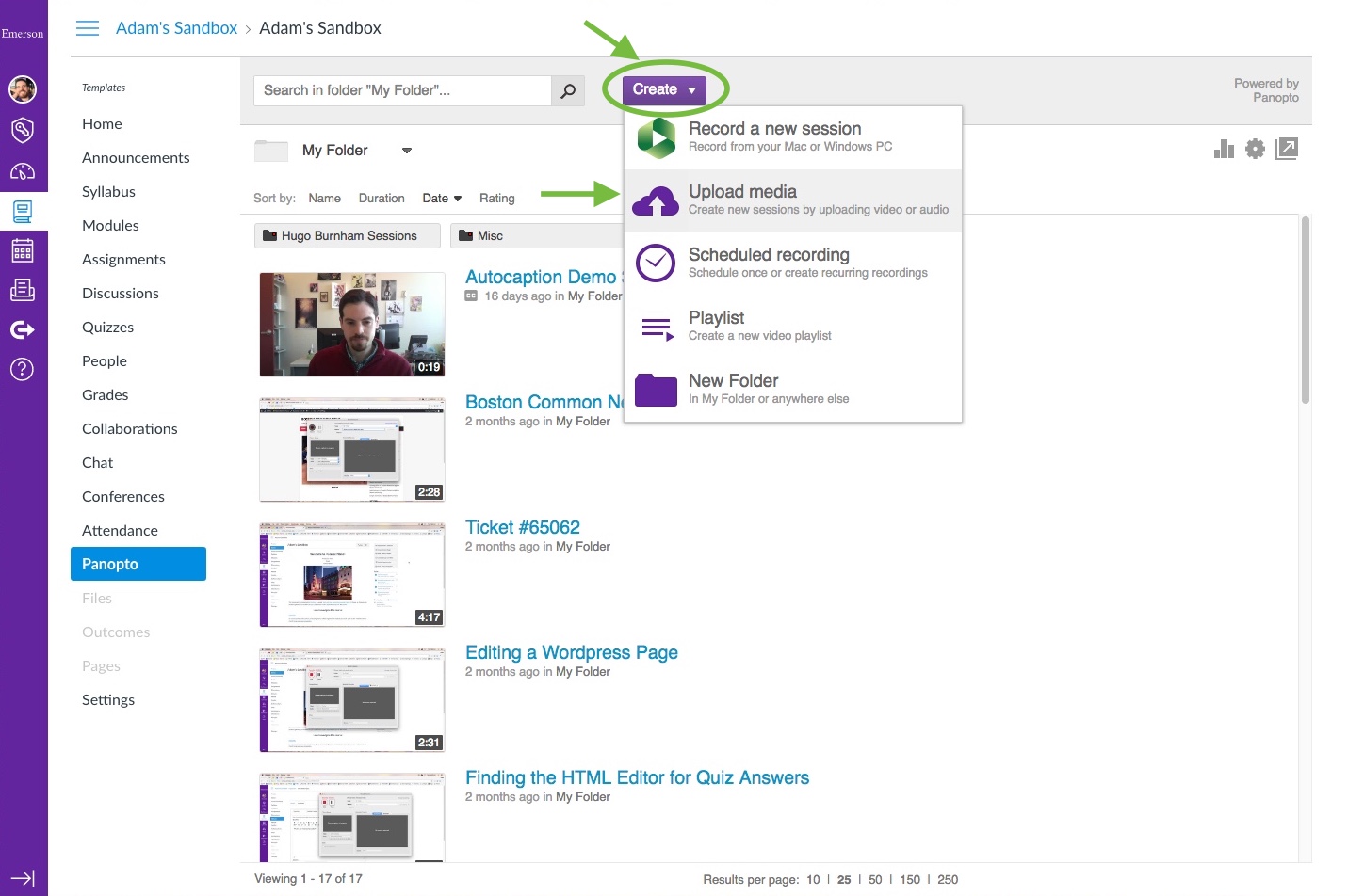 Click the Create button at the top of the Panopto section to upload.