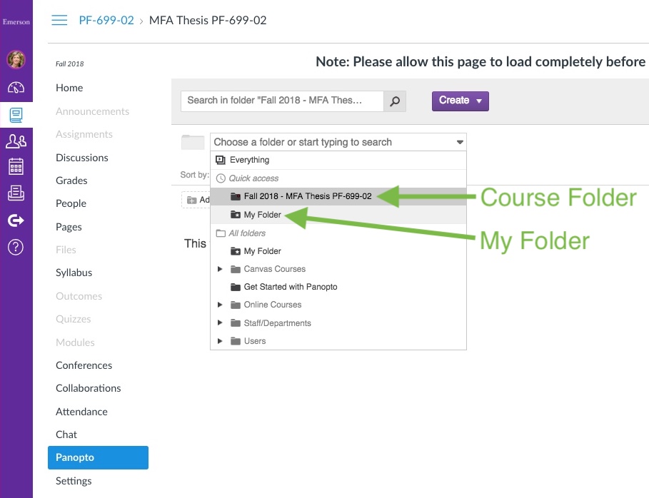 The Panopto folder dropdown menu in Canvas.
