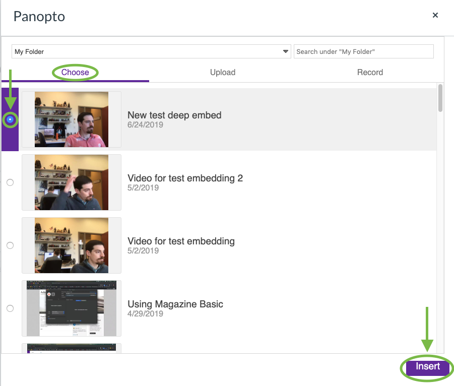 Screenshot showing how to choose your video to embed as described in the text.