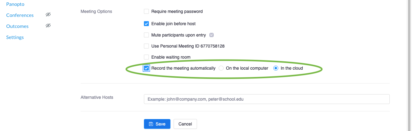 The bottom of the Zoom meeting settings, with the options for cloud and local recording indicated.