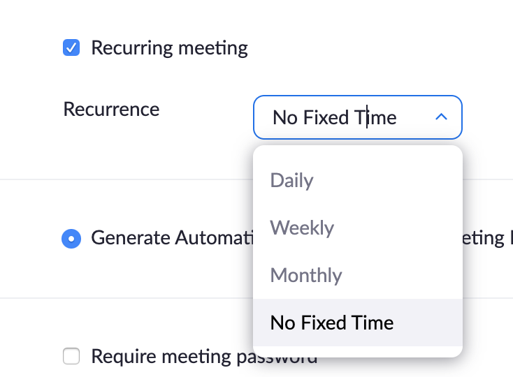 A screenshot of the Recurring Meeting setting in Zoom.