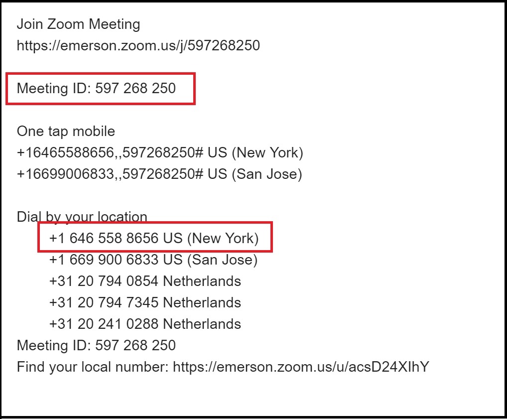 A screenshot emphasizing the locations of the Meeting ID and the dial in numbers from within the meeting invite that is copied when the user clicks on 'Copy the invitation'.
