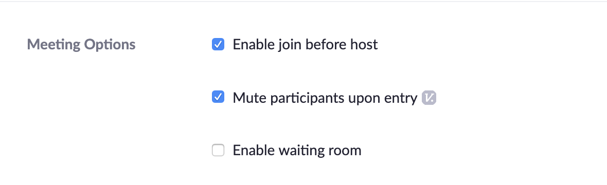 Zoom meeting settings, with the boxes for Enable join before host and Mute participants upon entry checked.