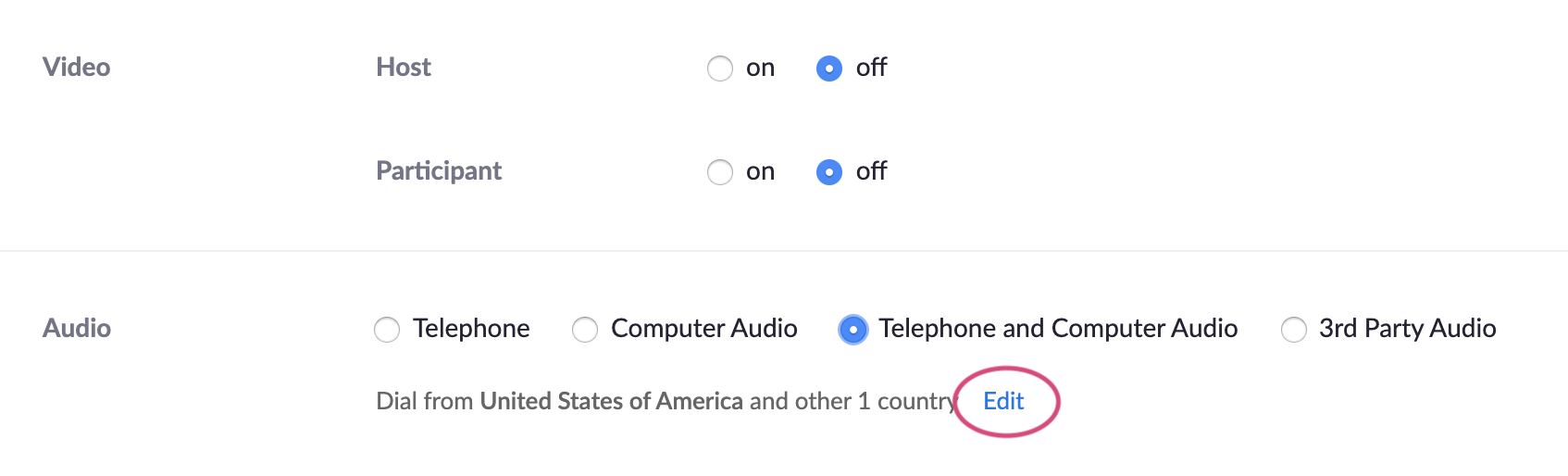 A screenshot of the settings when scheduling a new Zoom meeting. The option to 'Edit' which countries participants can dial in from is emphasized.