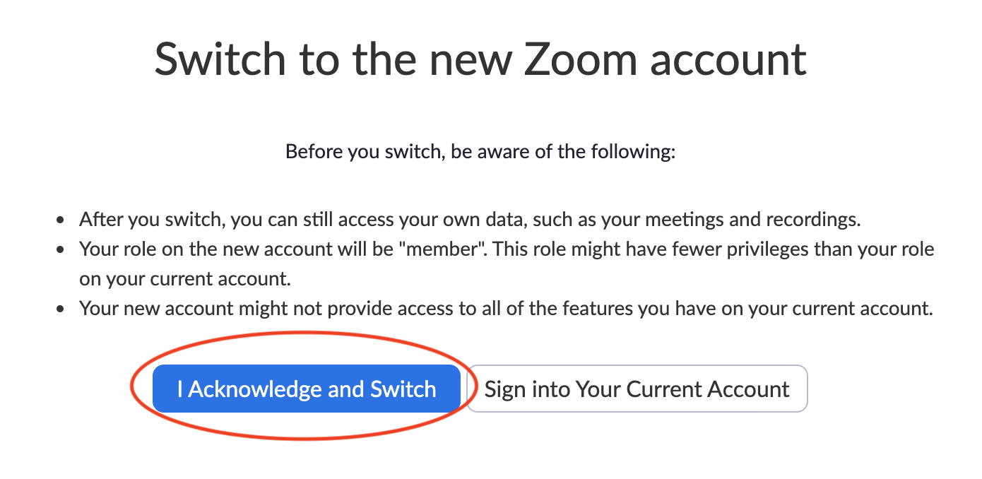 A screenshot asking for confirmation that the user wants to switch. The option to click 'I Acknowlede and Switch' is emphasized.