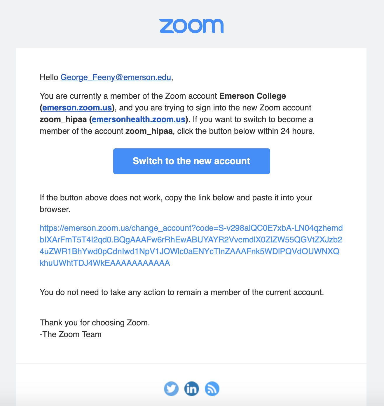 A screenshot of what the Zoom invitation email looks like. It features a button that says 'Switch to the New Account'.