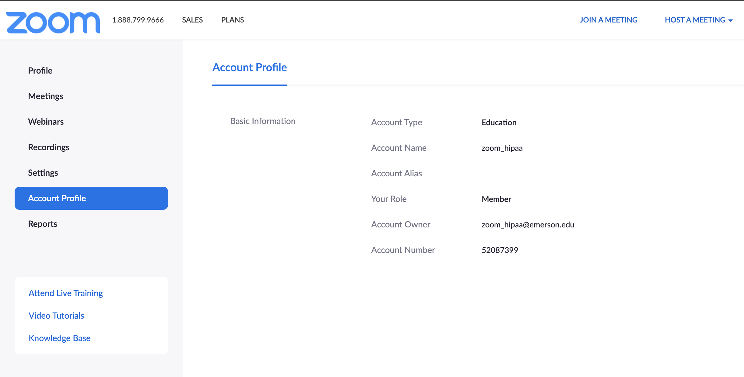 A screenshot of the Zoom 'Account Profile' at zoom.emerson.edu that lists 'zoom_hipaa' as the 'Account Name'.