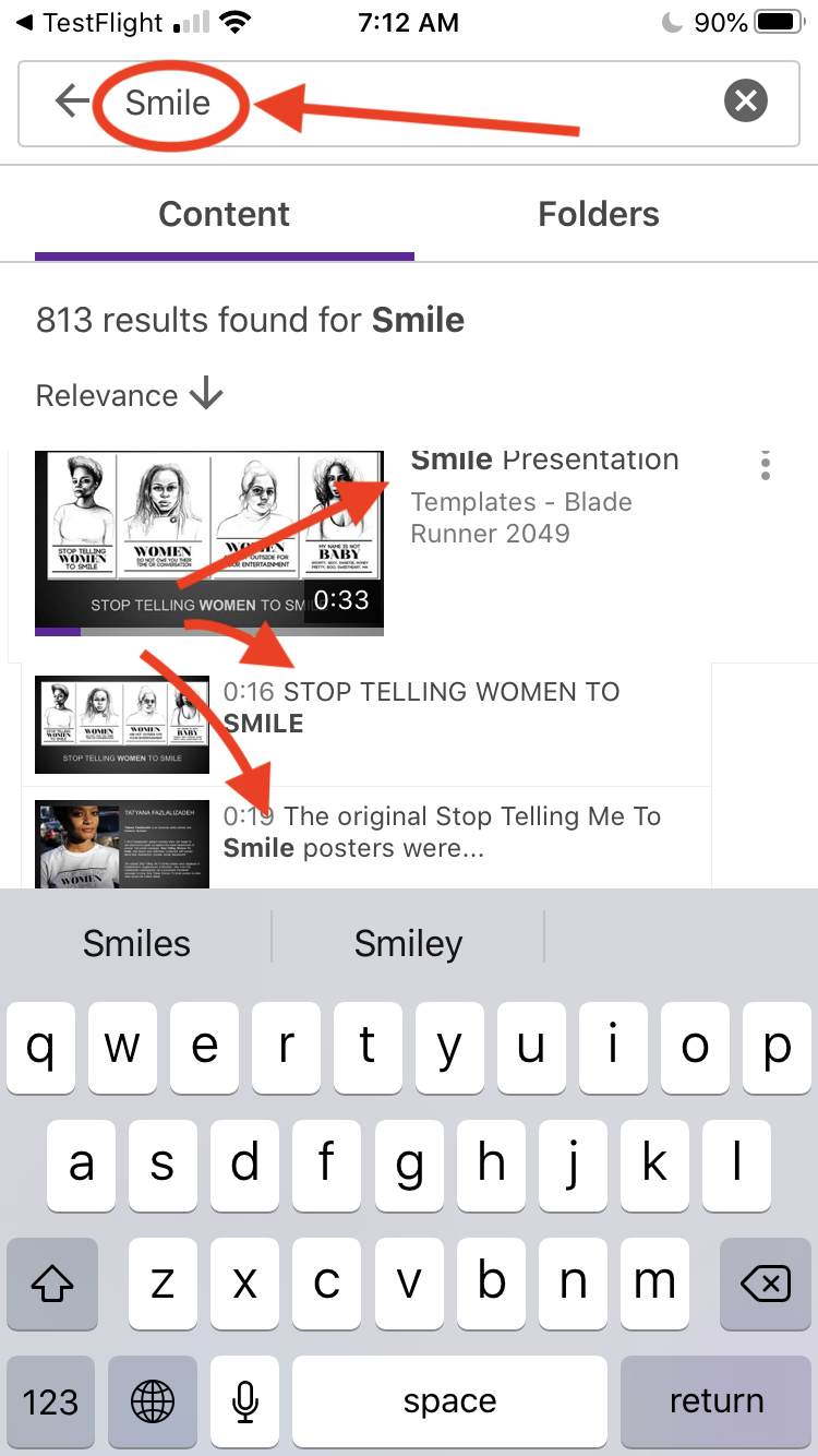 A screenshot of searching for the word 'smile' in the iOS Panopto app.