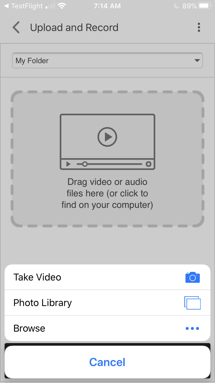 If you click on the upload icon, the iOS Panopto app will prompt you with the following options: 'Take Video', 'Photo Library', and 'Browse'.