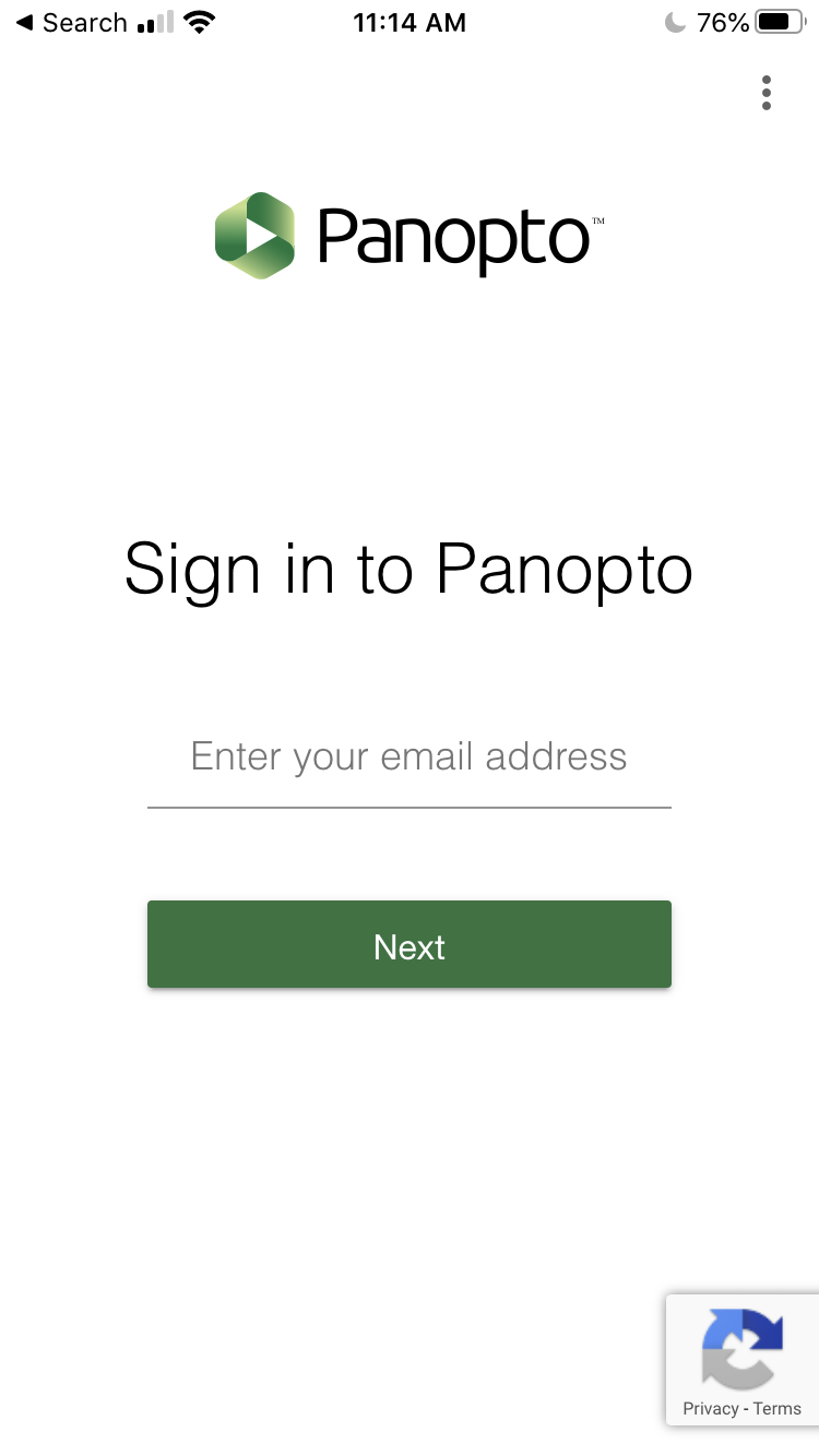 The sign in screen in the Panopto iOS app. The screen says 'Sign in to Panopto' and has a field to enter your email address then click the 'Next' button.
