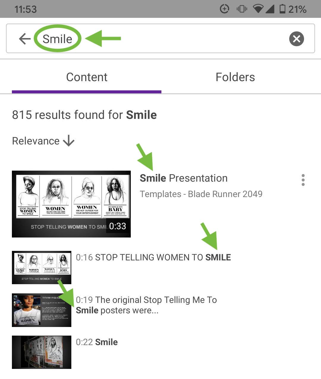 A search for the word Smile in the Panopto app, with results displaying from videos' titles and transcripts.