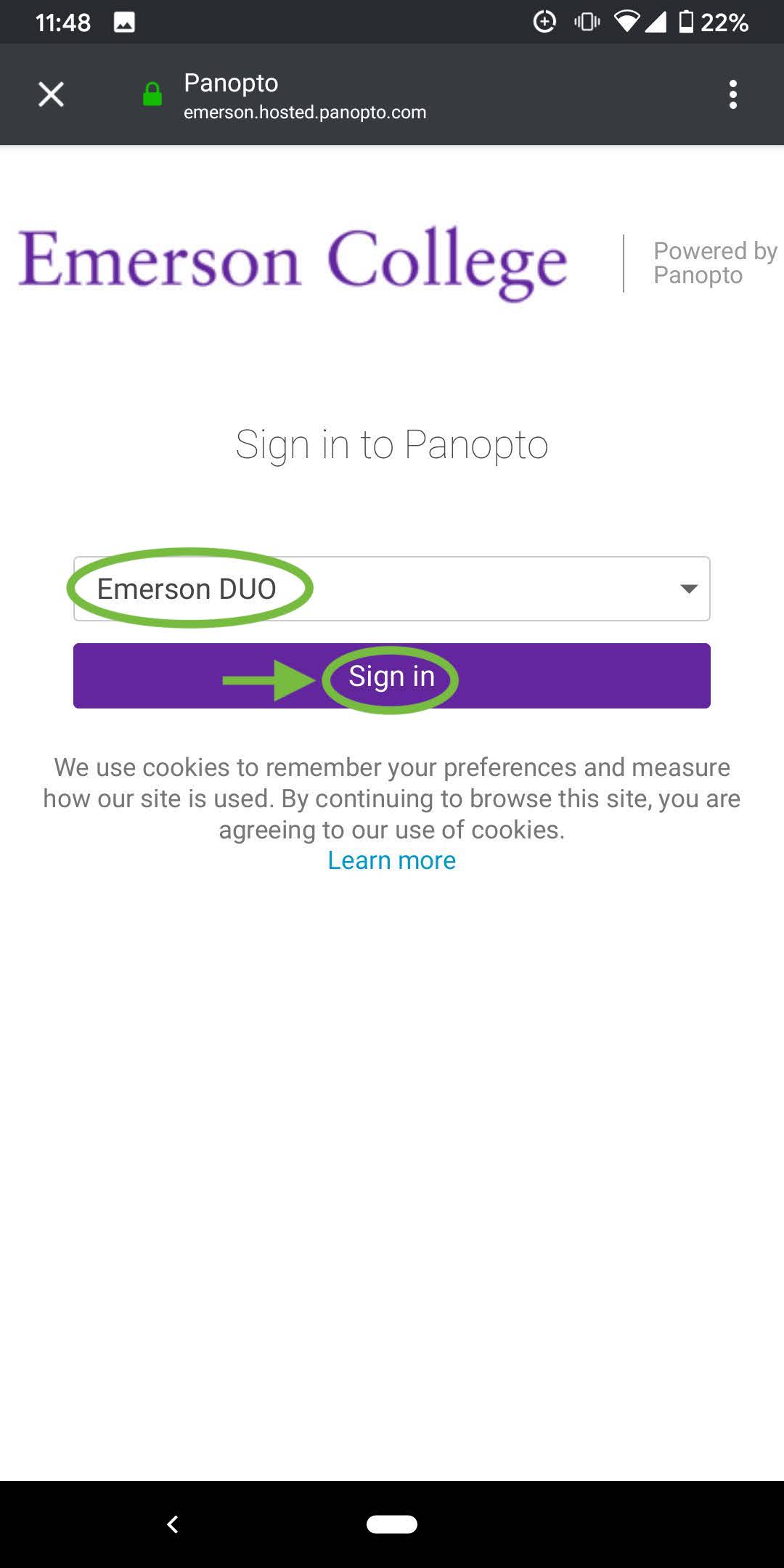 The second screen of the Panopto app's sign-in process, with Emerson DUO displayed in a central dropdown menu and the Sign In button below it indicated.
