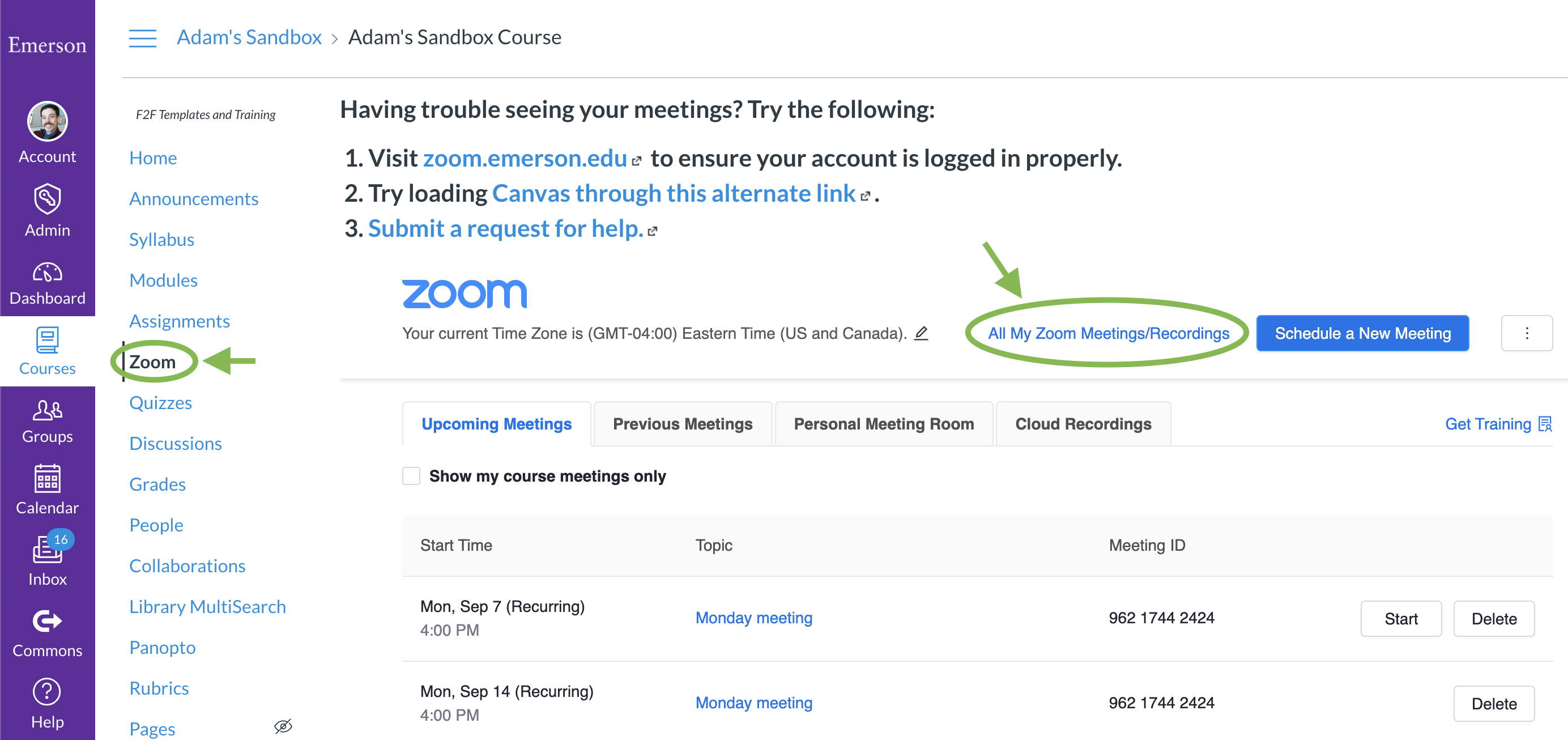 The Zoom tool in Canvas, with the Zoom button in the lefthand course menu and the link to 'All My Zoom Meetings/Recordings' circled and indicated with arrows.