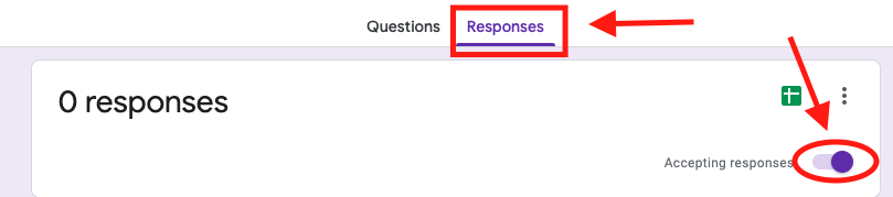 Screenshot showing where to toggle the form to set it to 'Accepting responses'.