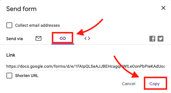 Screenshot showing how to retrieve and copy a link to send to students to fill out form.