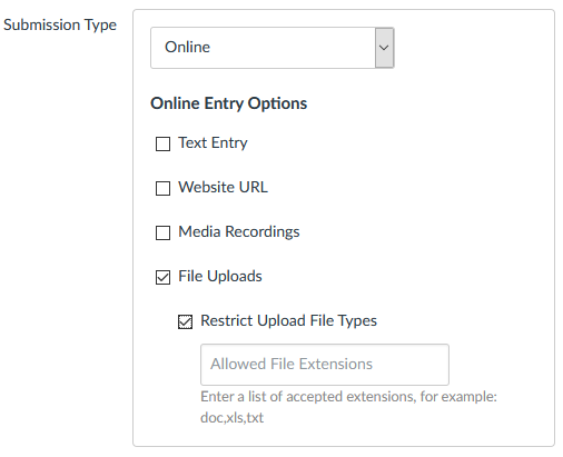 Screenshot showing Submission Type as online with File Uploads and Restrict Upload File Types checked