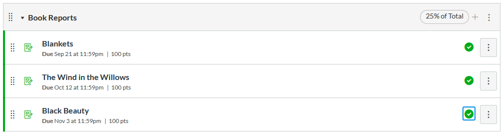 Screenshot of assignment group,“Book Reports”, showing it is worth 25% of the final grade