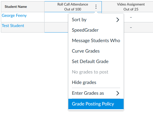 Screenshot of menu with Grade Posting Policy highlighted
