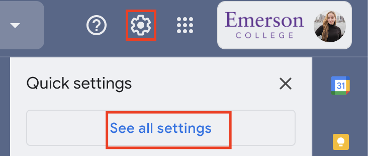 A screenshot showing how to navigate to Gmail Settings by clicking the gear icon in the top righthand corner then clicking 'See all settings'.
