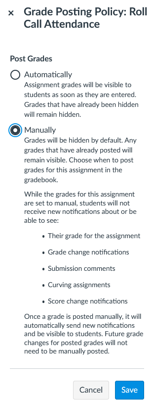 Screenshot of Grade Posting Policy with Manually selected
