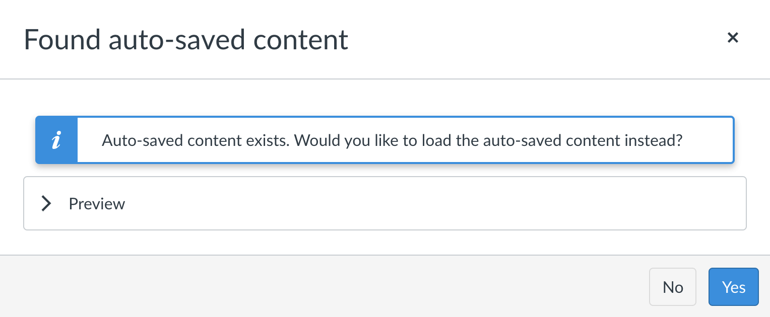 The new Canvas RCE's prompt to recover previous edits, with an option to preview, accept, or decline the edits.
