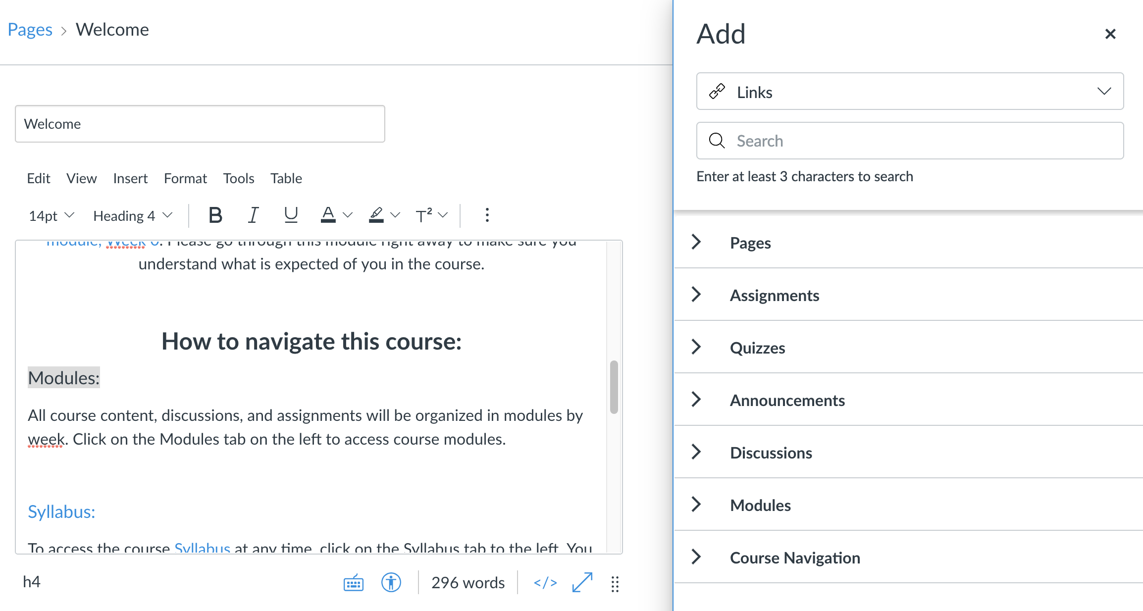 The new Canvas RCE with the right-hand Course Links panel expanded.