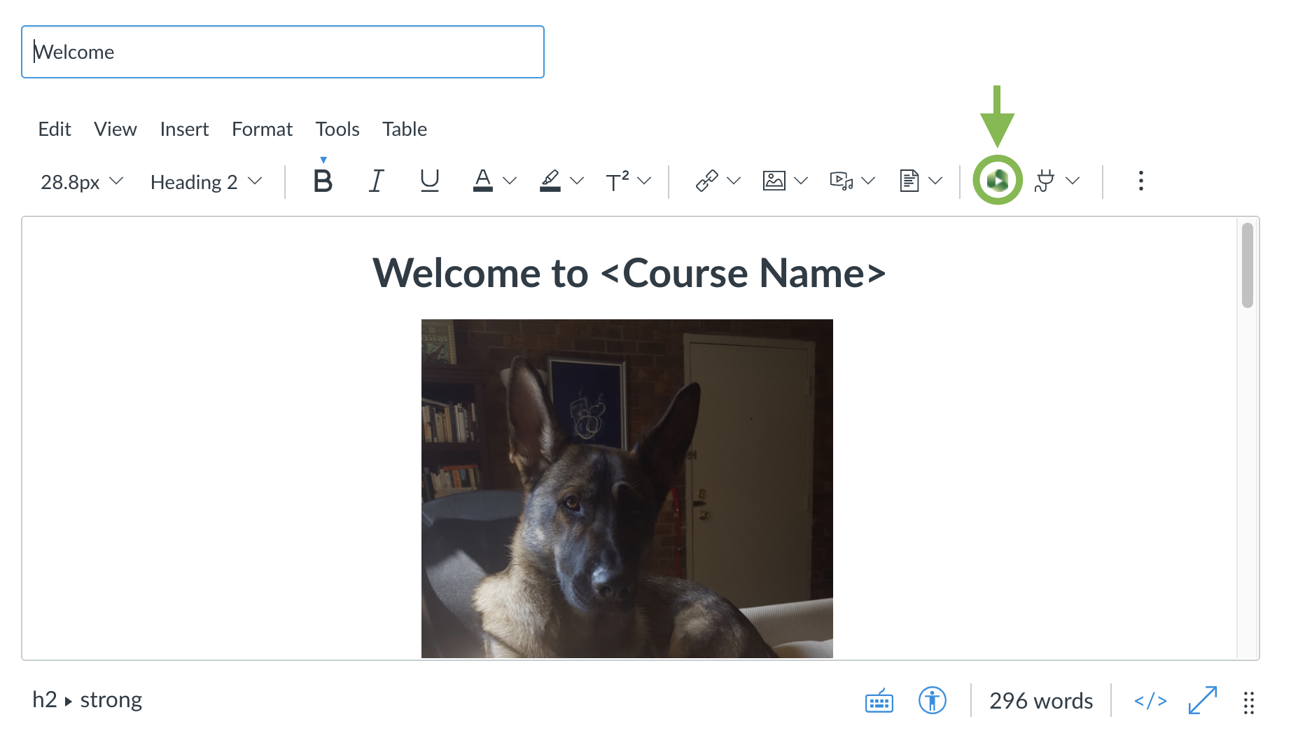 The new RCE in Canvas, with the green Panopto embed button in the toolbar indicated with an arrow.