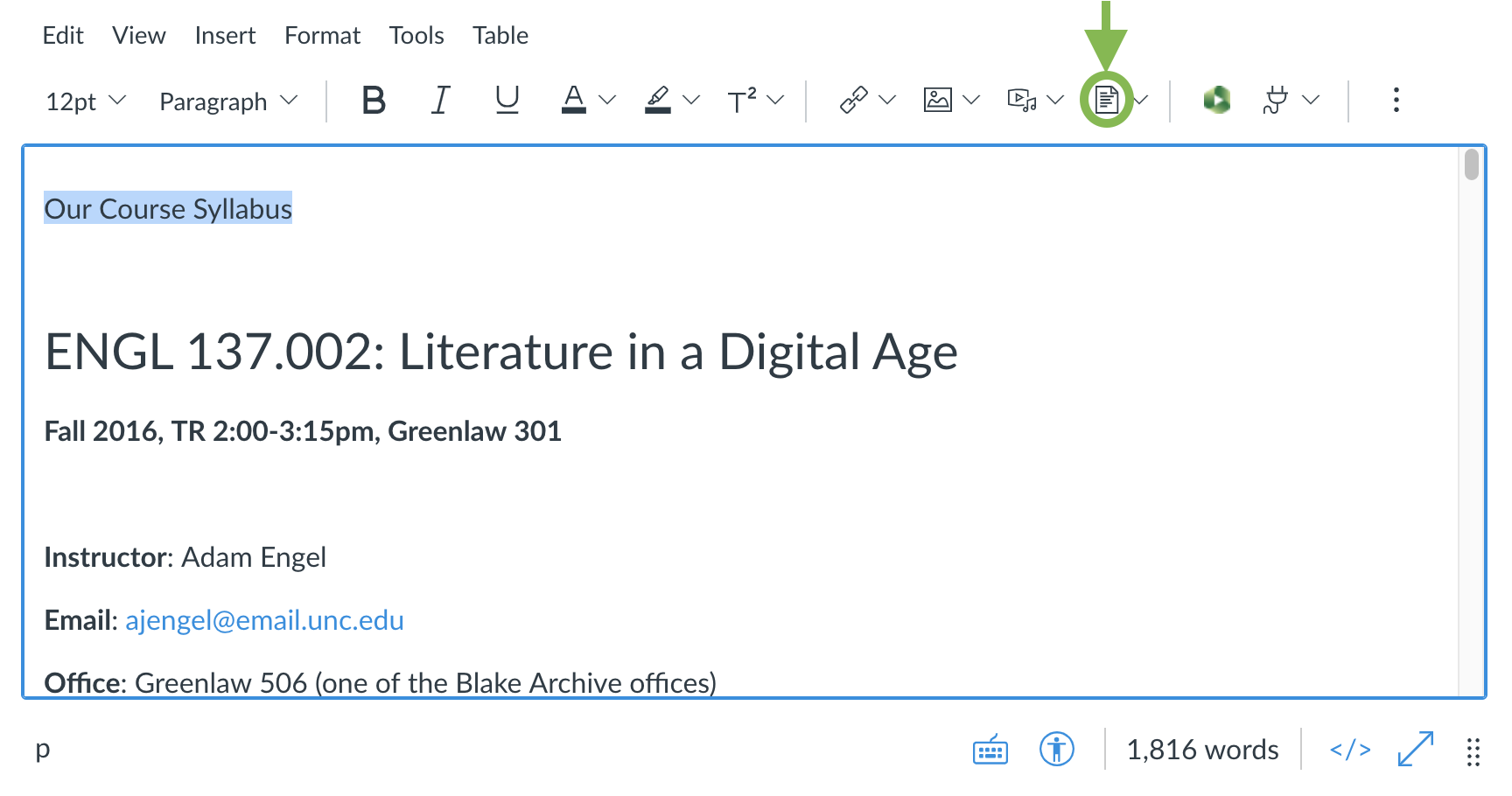 The new Canvas RCE with the Upload Document button indicated.