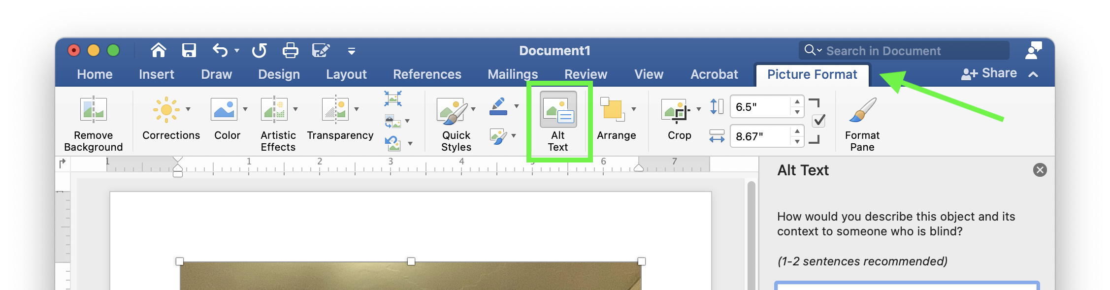 Image of Microsoft Word's Picture Format pane with a green box highlighting Alt Text.