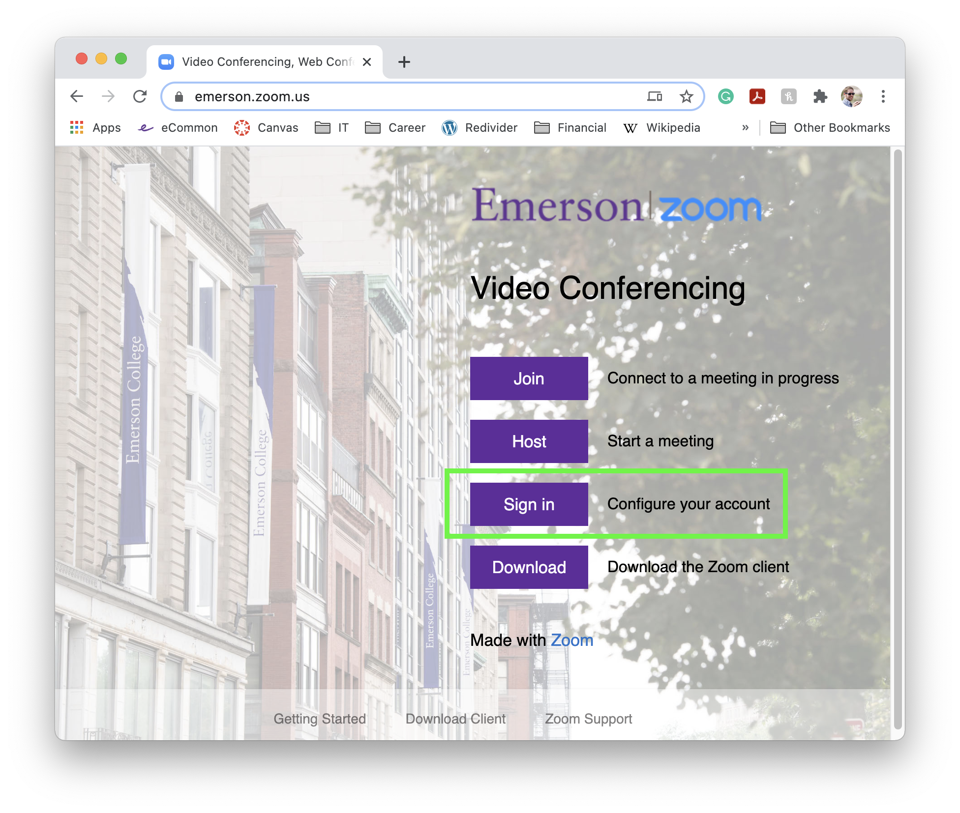 Image of Emerson's Zoom website.