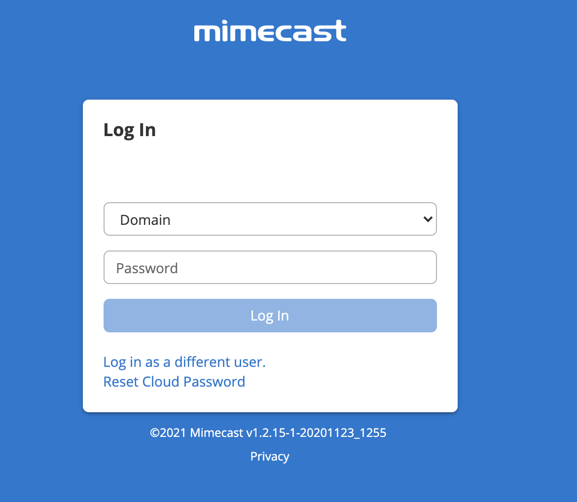 An image of the Mimecast domain login screen.