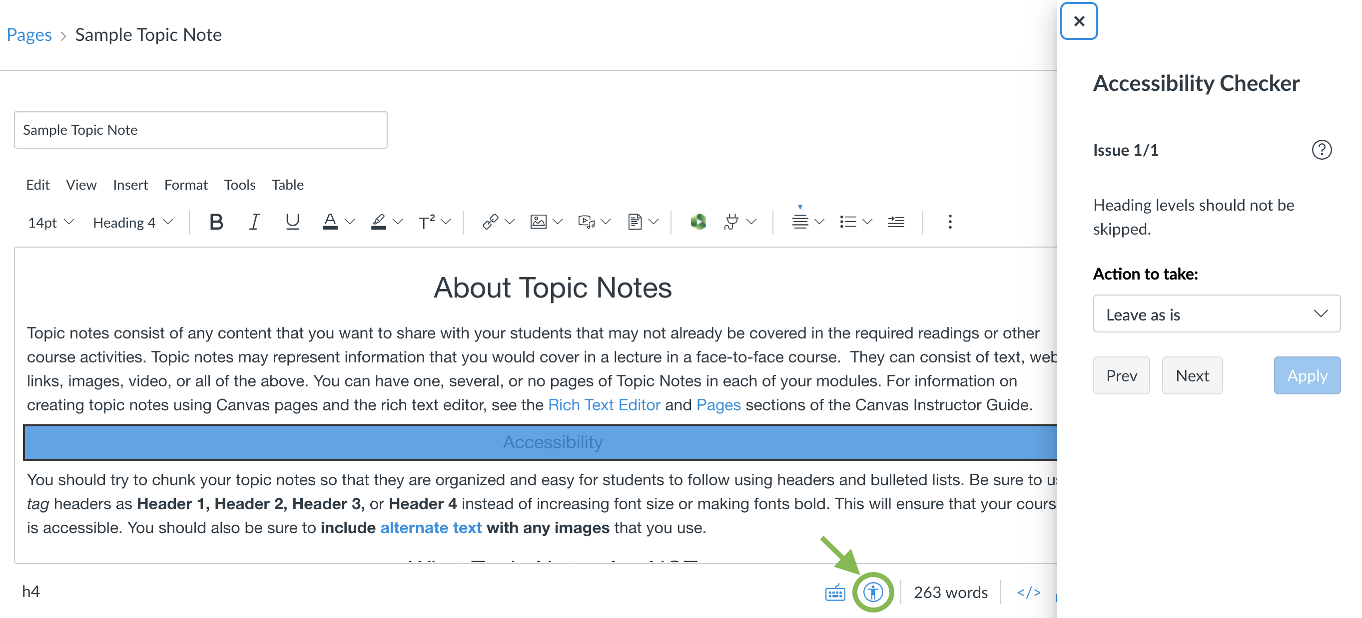 The editor for a Canvas page with the built-in accessibility checker open. The checker appears as a right-hand panel with a text-entry field, previous/next buttons, and other information. An issue with Heading Order is displayed, with options for fixing it.