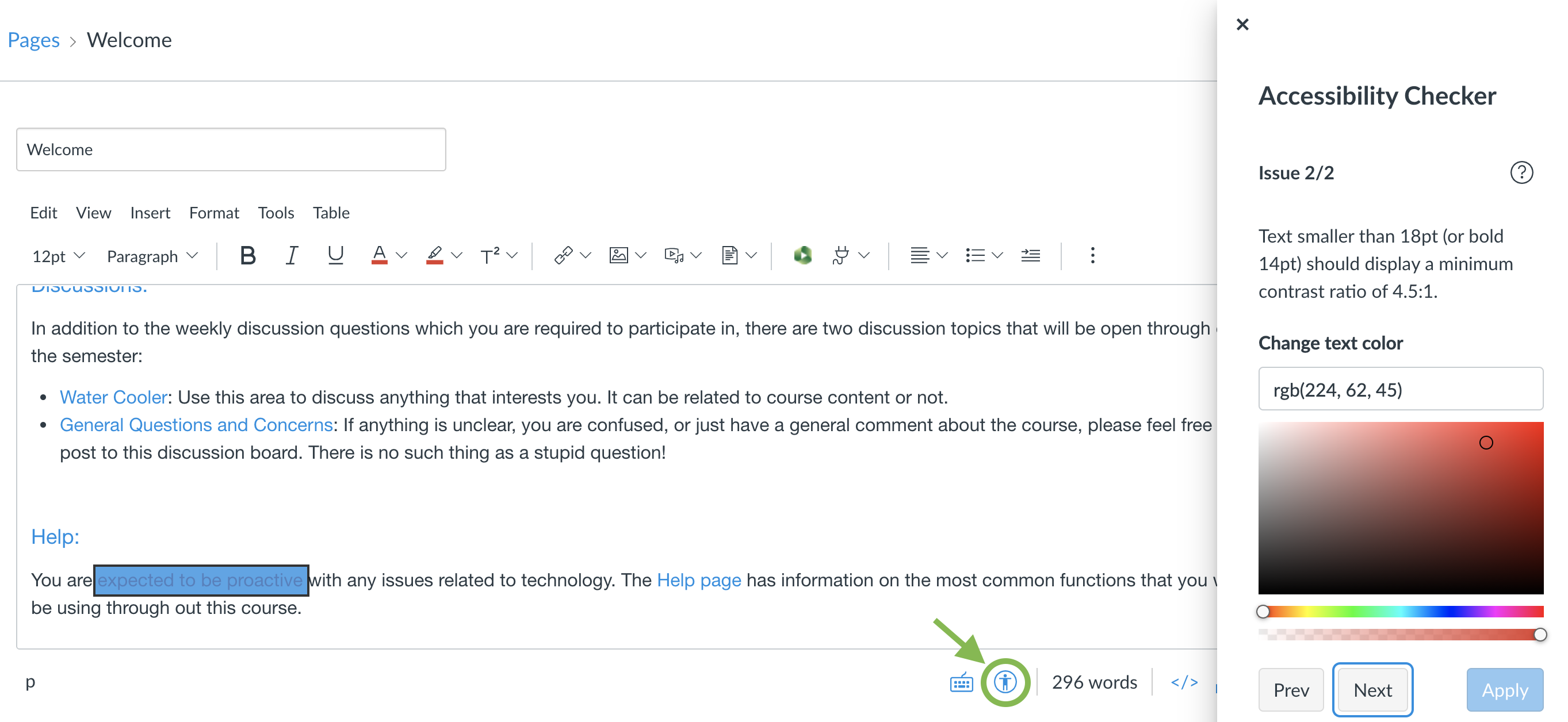 The editor for a Canvas page with the built-in accessibility checker open. The checker appears as a right-hand panel with a text-entry field, previous/next buttons, and other information. A contrast issue is shown, with the color selector displayed. The Apply button is greyed out.