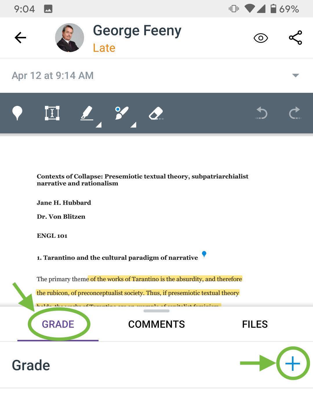 SpeedGrader in the Canvas Teacher app, with the Grades tab expanded and a plus sign revealed.