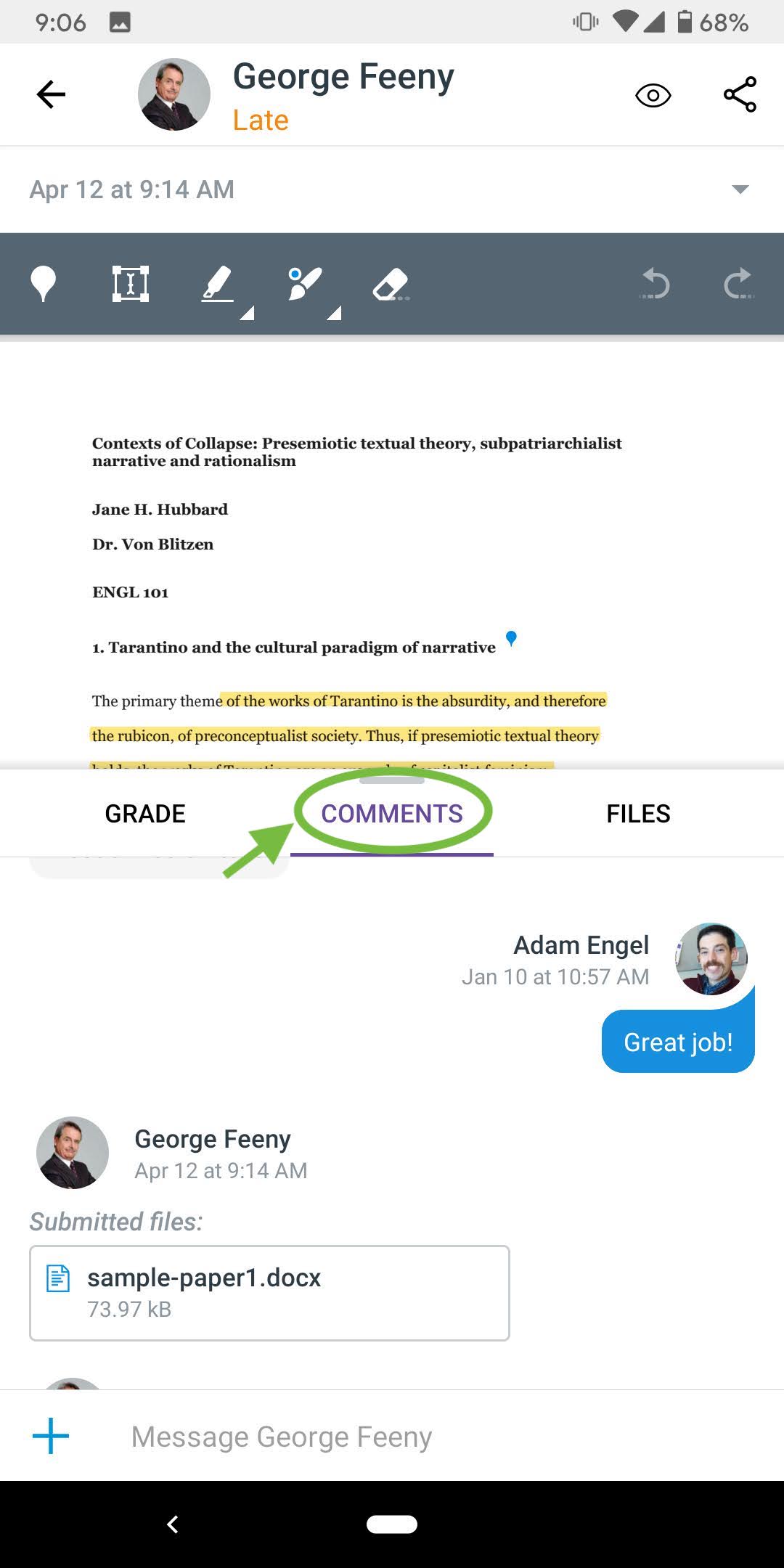 SpeedGrader in the Canvas Teacher app, with the COMMENTS tab expanded and messaged between professor and student displayed.
