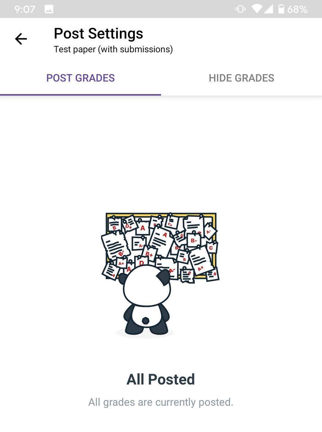 The Post/Hide Grades view in the Canvas Teacher App. A panda looks at a crowded bulletin board above the text "All posted. All grades currently posted."