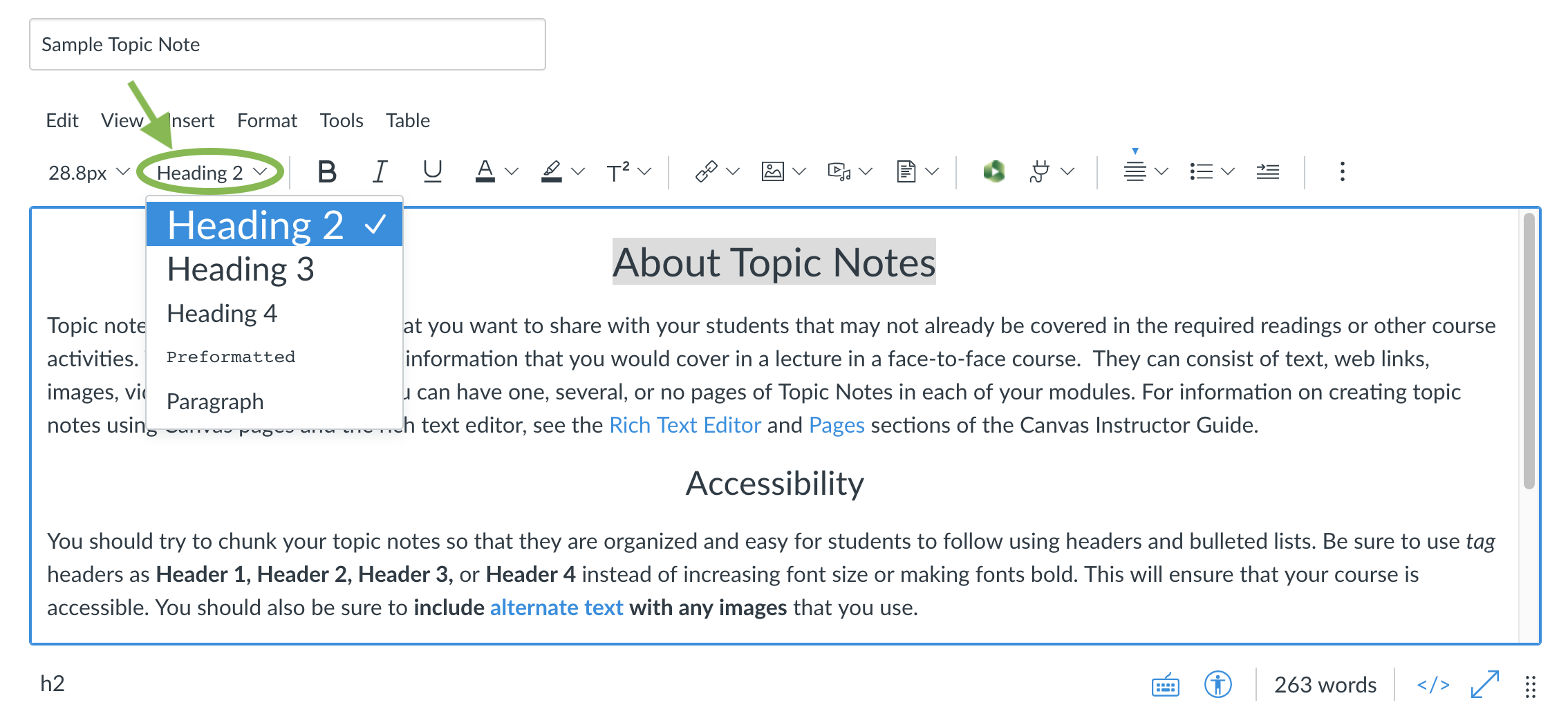 The editor for a Canvas page. The style box is circled and indicated with an arrow. The text 'About Topic Notes' is highlighted.